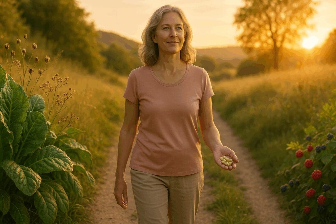 Healthy middle-aged woman walking at golden hour beside leafy greens, berries, and soybeans, symbolizing 9 foods that fight hot flashes.