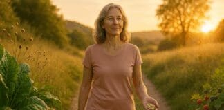 9 Powerful Foods That Fight Hot Flashes and Support a Menopause-Friendly Diet Healthy middle-aged woman walking at golden hour beside leafy greens, berries, and soybeans, symbolizing 9 foods that fight hot flashes.