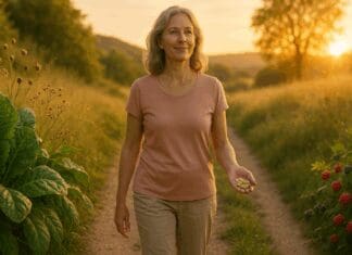 9 Powerful Foods That Fight Hot Flashes and Support a Menopause-Friendly Diet Healthy middle-aged woman walking at golden hour beside leafy greens, berries, and soybeans, symbolizing 9 foods that fight hot flashes.