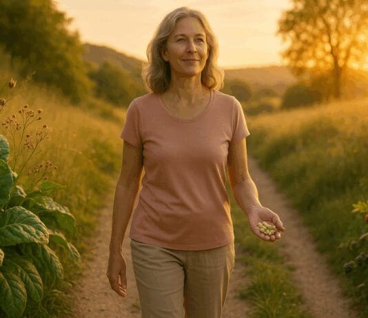 Healthy middle-aged woman walking at golden hour beside leafy greens, berries, and soybeans, symbolizing 9 foods that fight hot flashes.
