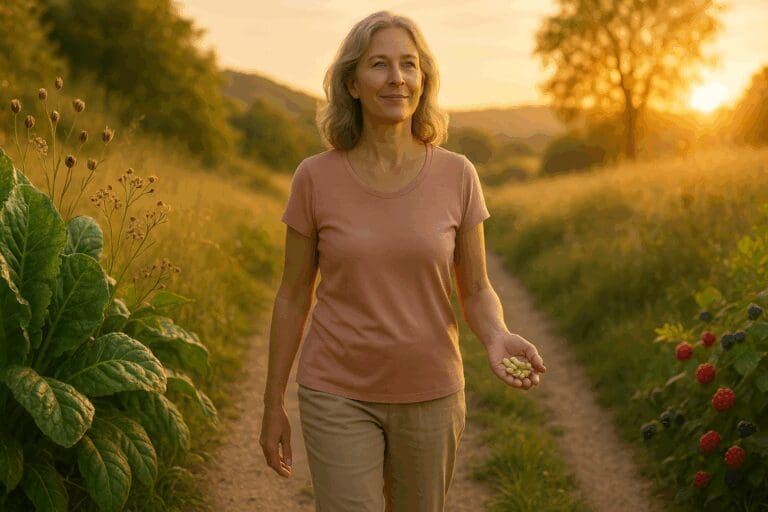 Healthy middle-aged woman walking at golden hour beside leafy greens, berries, and soybeans, symbolizing 9 foods that fight hot flashes.