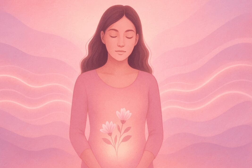 Serene woman surrounded by pink and lavender waves, symbolizing hormonal changes and vaginal dryness during period.