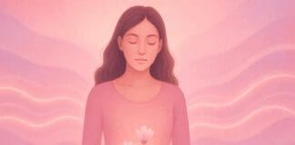 Serene woman surrounded by pink and lavender waves, symbolizing hormonal changes and vaginal dryness during period.