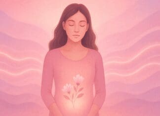 Surprising Causes of Vaginal Dryness During Period and How to Find Relief Serene woman surrounded by pink and lavender waves, symbolizing hormonal changes and vaginal dryness during period.