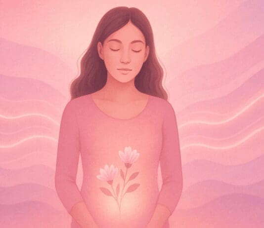 Serene woman surrounded by pink and lavender waves, symbolizing hormonal changes and vaginal dryness during period.