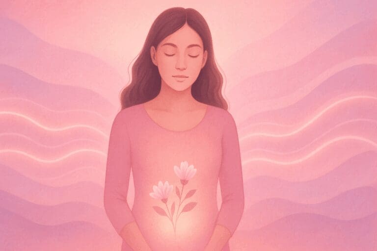 Serene woman surrounded by pink and lavender waves, symbolizing hormonal changes and vaginal dryness during period.