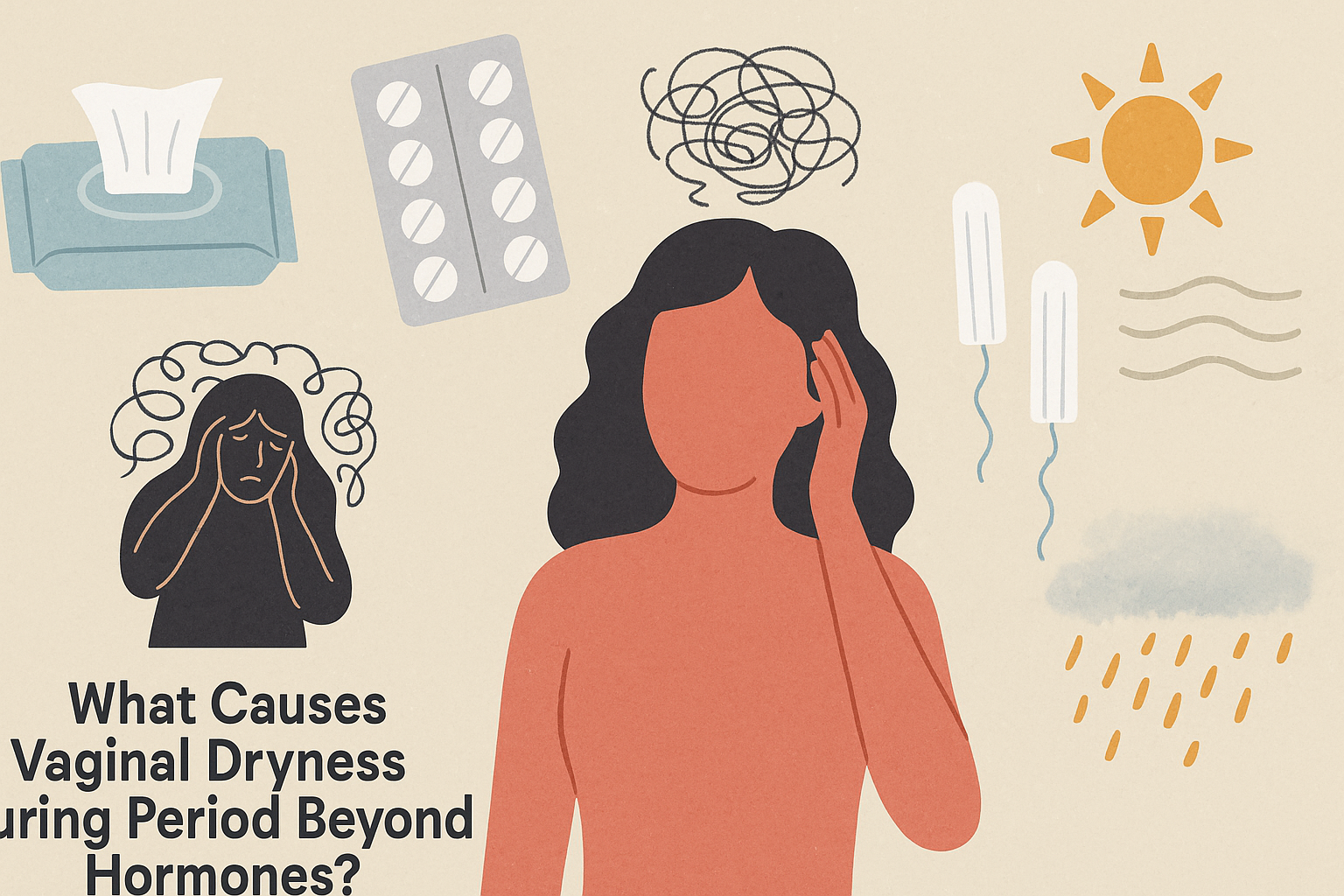 Symbolic female figure surrounded by visuals of hygiene wipes, medication, tampons, dry air, and stress representing causes of vaginal dryness during period beyond hormones.