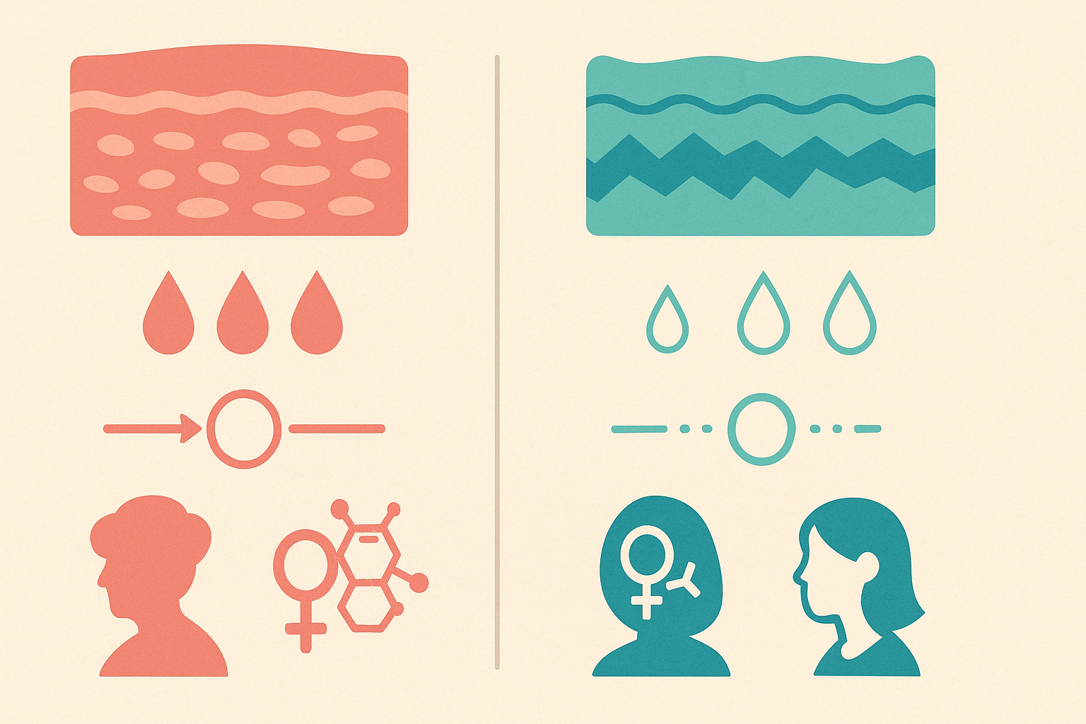 Side-by-side infographic comparing atrophic vaginitis and vaginal dryness during period using symbolic visuals for tissue thickness, hydration, hormones, and age