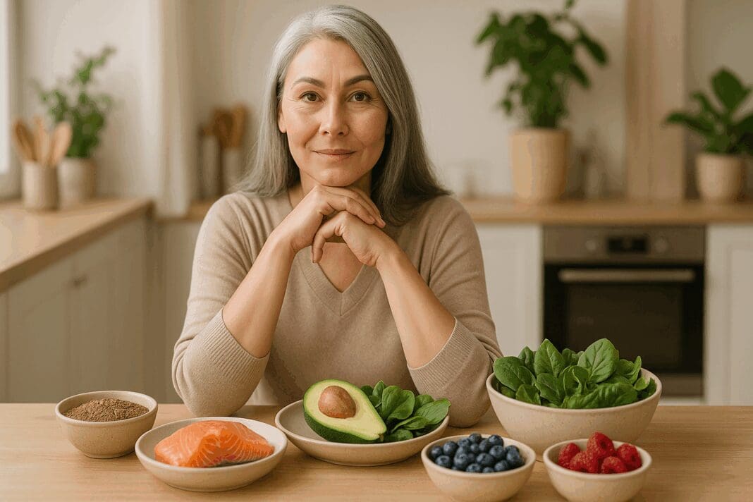 Confident mature woman sitting at a kitchen table with salmon, avocado, berries, and leafy greens—foods that help vaginal dryness.
