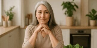 The Essential Guide to Foods That Help Vaginal Dryness During Menopause Confident mature woman sitting at a kitchen table with salmon, avocado, berries, and leafy greens—foods that help vaginal dryness.