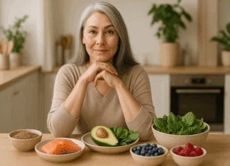 The Essential Guide to Foods That Help Vaginal Dryness During Menopause Confident mature woman sitting at a kitchen table with salmon, avocado, berries, and leafy greens—foods that help vaginal dryness.