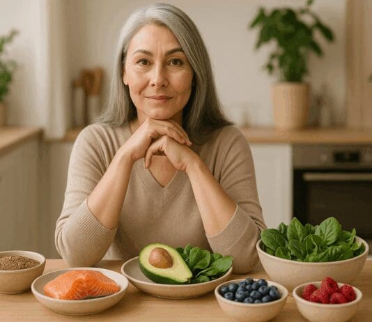 Confident mature woman sitting at a kitchen table with salmon, avocado, berries, and leafy greens—foods that help vaginal dryness.