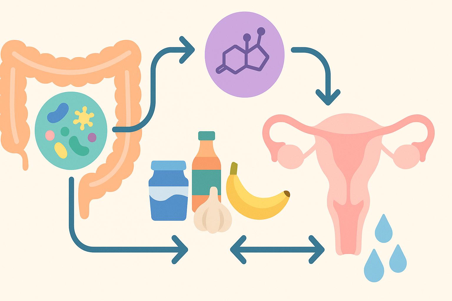 Illustration showing how gut health and foods that help vaginal dryness, like yogurt, garlic, and bananas, support hormonal balance and vaginal hydration.