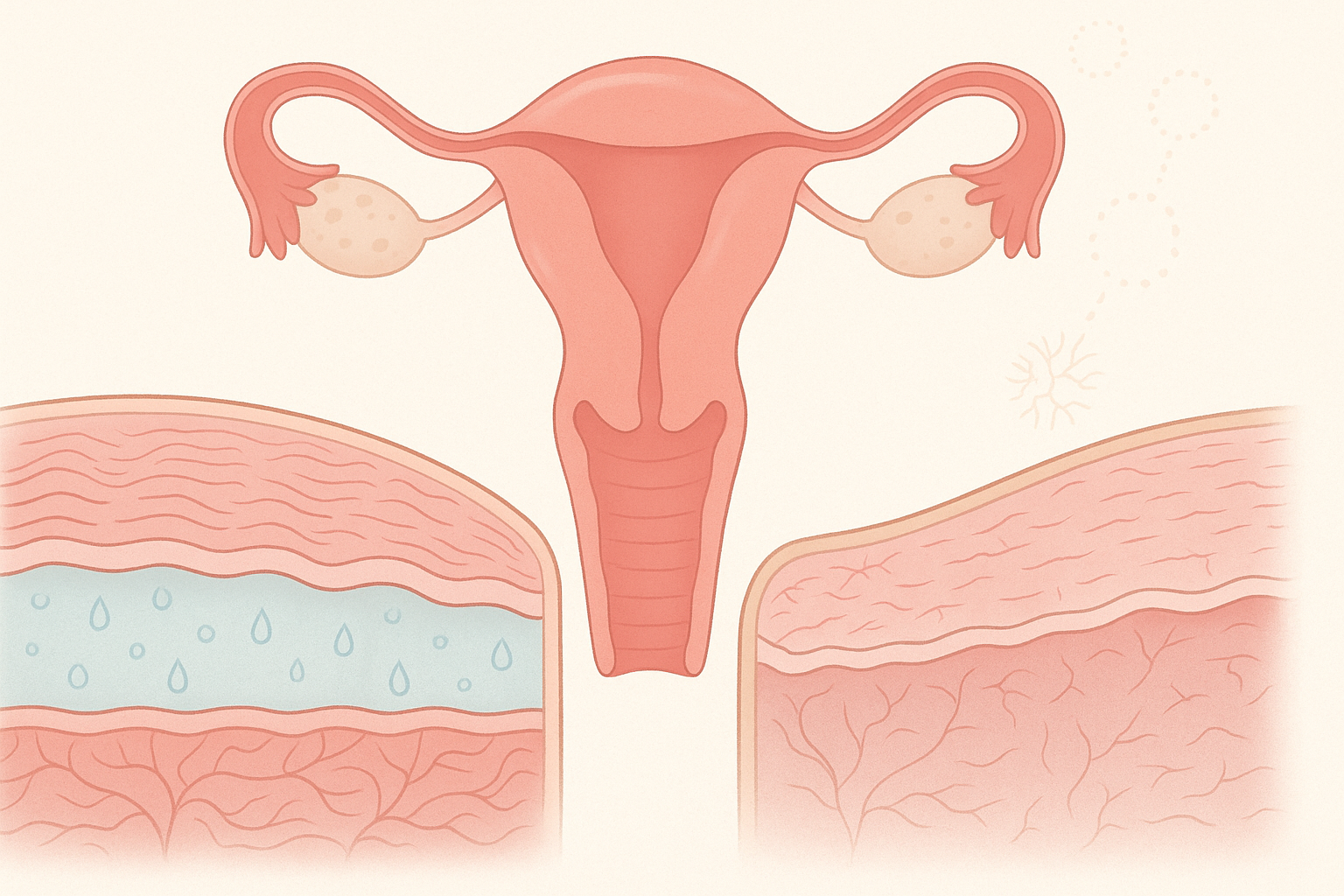 Cross-section medical illustration comparing healthy and dry vaginal tissue to explain menopause-related changes and foods that help vaginal dryness