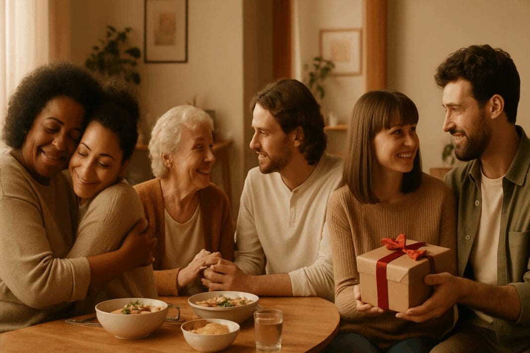 Diverse group sharing different forms of affection—hugging, holding hands, sharing a meal, giving a gift, and connecting in conversation indoors.