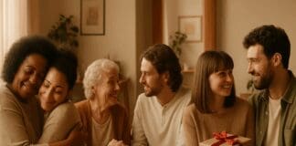 The Most Powerful Forms of Affection That Deepen Intimacy and Strengthen Communication Diverse group sharing different forms of affection—hugging, holding hands, sharing a meal, giving a gift, and connecting in conversation indoors.