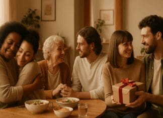 The Most Powerful Forms of Affection That Deepen Intimacy and Strengthen Communication Diverse group sharing different forms of affection—hugging, holding hands, sharing a meal, giving a gift, and connecting in conversation indoors.