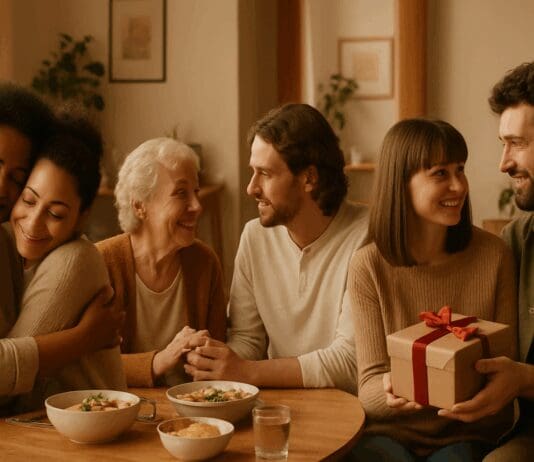 Diverse group sharing different forms of affection—hugging, holding hands, sharing a meal, giving a gift, and connecting in conversation indoors.