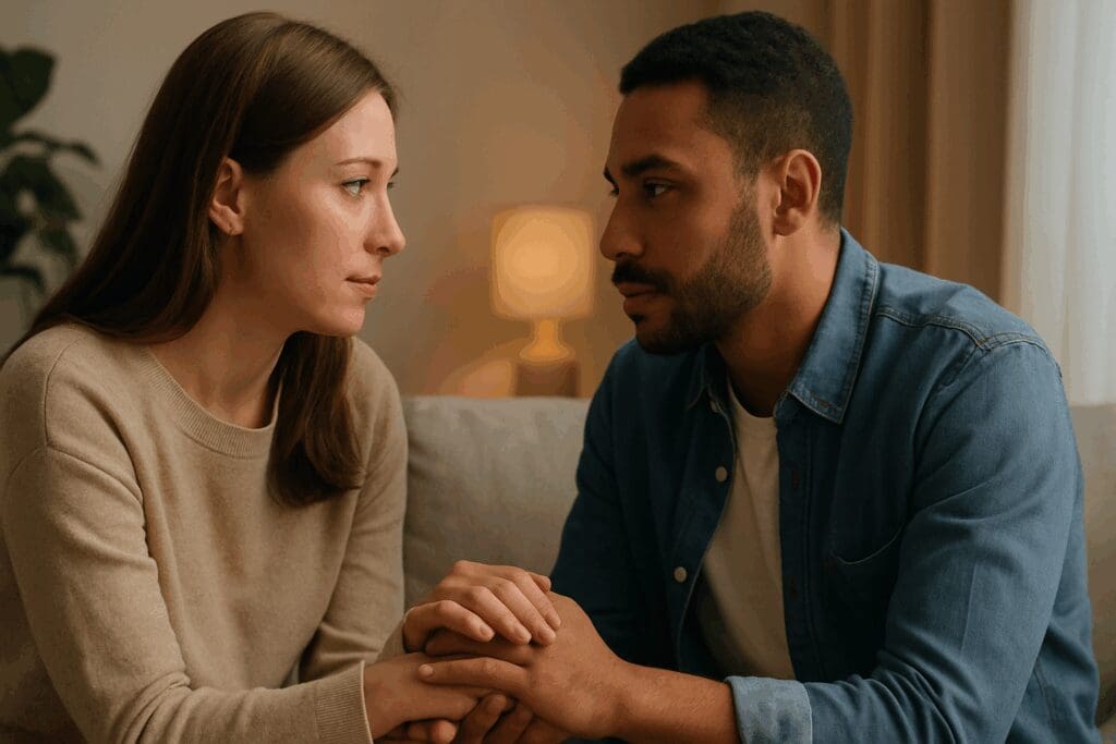 Two people showing forms of affection by holding hands and maintaining deep eye contact during an emotional conversation on a couch