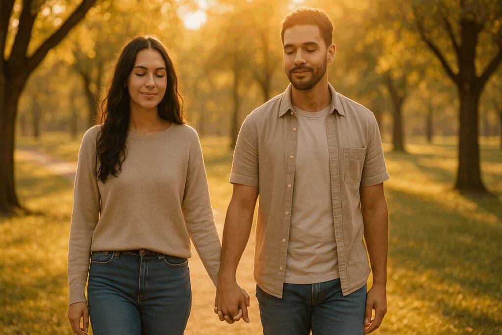 Couple holding hands during golden hour walk in a park, showing tender forms of affection through physical touch.