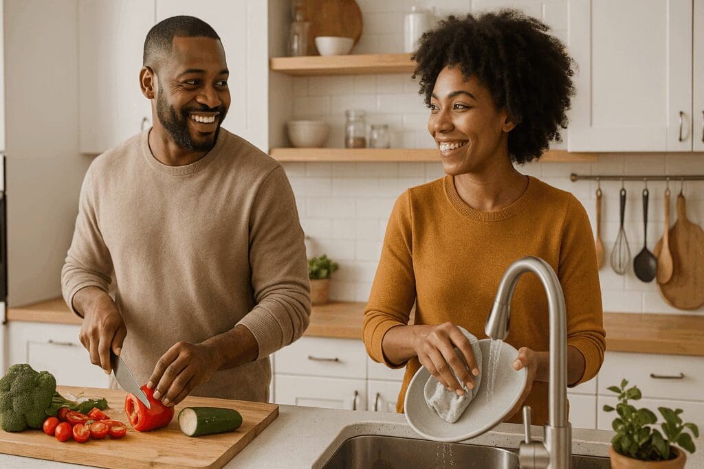 Couple smiling at each other while cooking and cleaning in kitchen, showing everyday forms of affection.