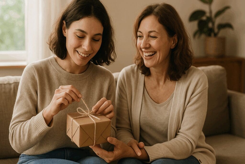 Two women sharing heartfelt forms of affection as one opens a small gift in a cozy, naturally lit living room