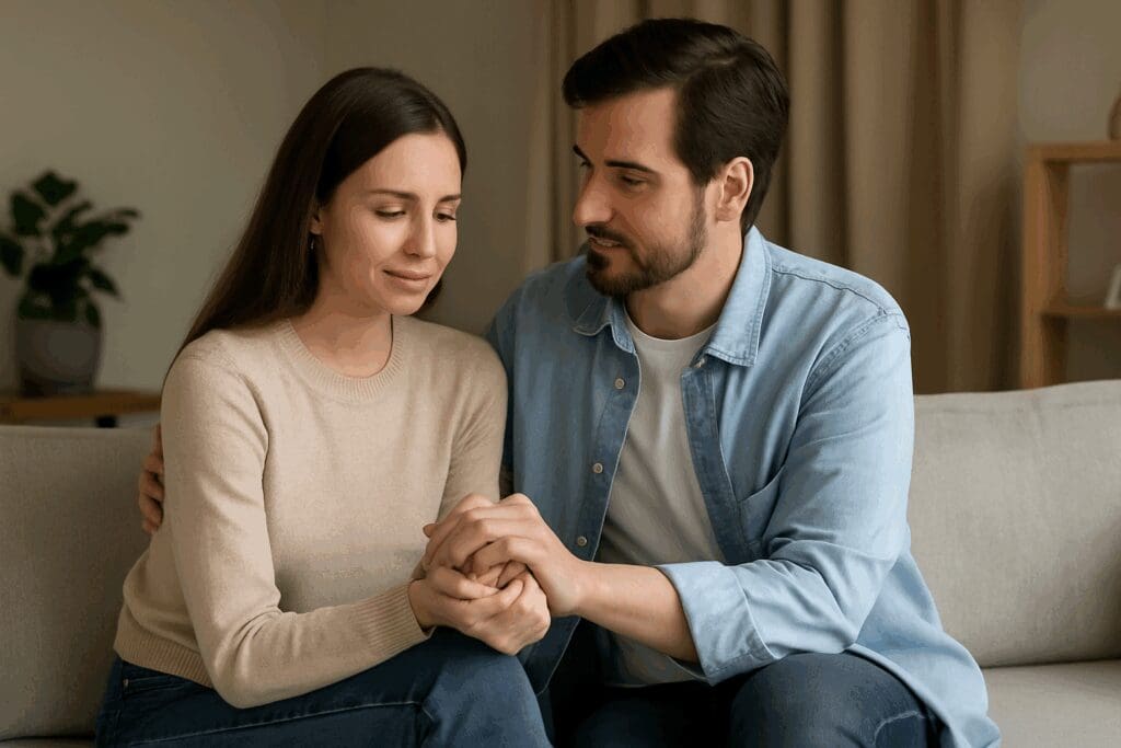 Couple showing gentle forms of affection after a disagreement, sitting closely on a sofa with hands tenderly clasped in a calm, private setting.