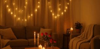 Romantic at home date ideas setup with candlelit dinner, fairy lights, fresh roses, and cozy blankets in a warmly lit living room