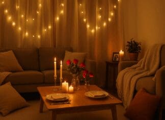 12 Powerful At Home Date Ideas to Deepen Emotional Intimacy and Communication Romantic at home date ideas setup with candlelit dinner, fairy lights, fresh roses, and cozy blankets in a warmly lit living room