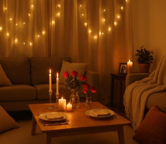 Romantic at home date ideas setup with candlelit dinner, fairy lights, fresh roses, and cozy blankets in a warmly lit living room