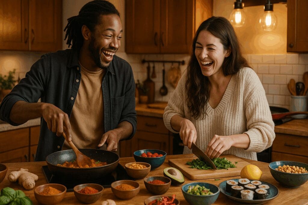 Couple laughing and cooking international cuisine together in a cozy kitchen, showing fun at home date ideas.

