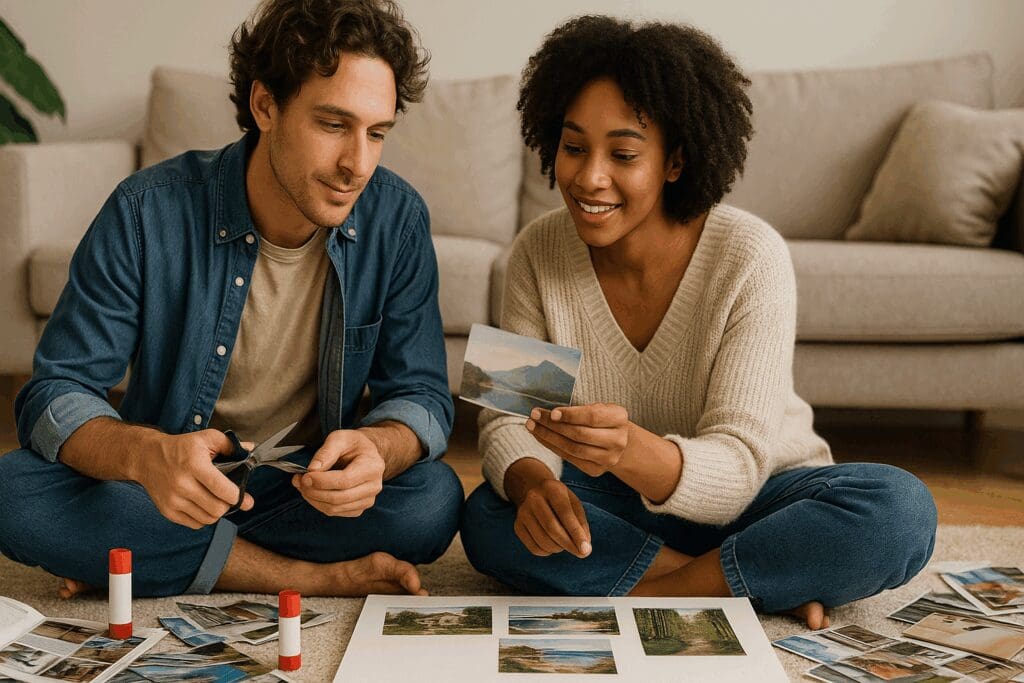 Couple creating a vision board together with travel photos and craft supplies as part of at home date ideas