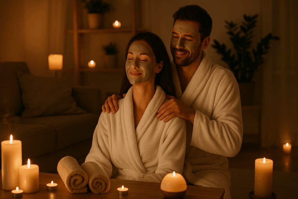 Couple enjoying a relaxing spa evening with candles and massage, showcasing romantic at home date ideas.