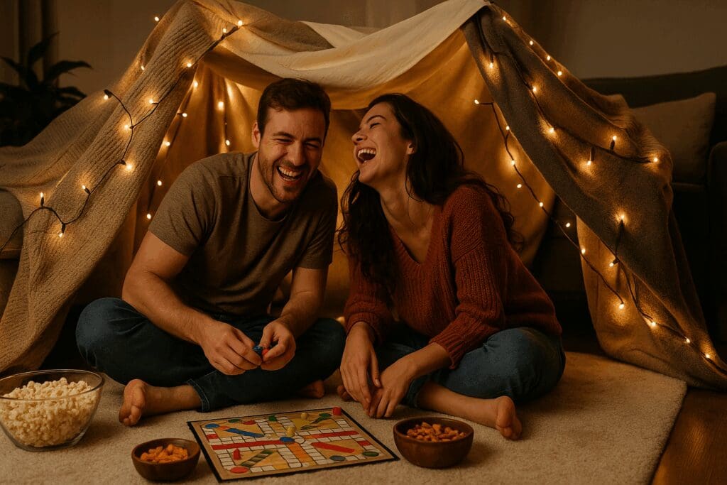 Couple laughing inside a cozy blanket fort with board games and snacks, enjoying playful at home date ideas.