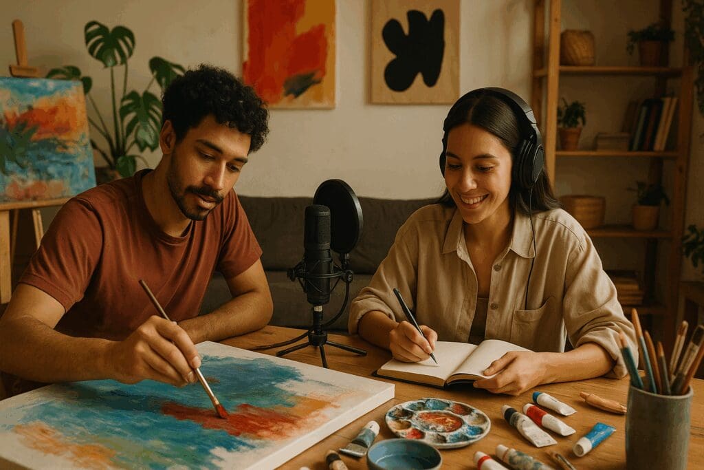 Couple painting a canvas and recording a podcast together at their dining table, showcasing creative at home date ideas.