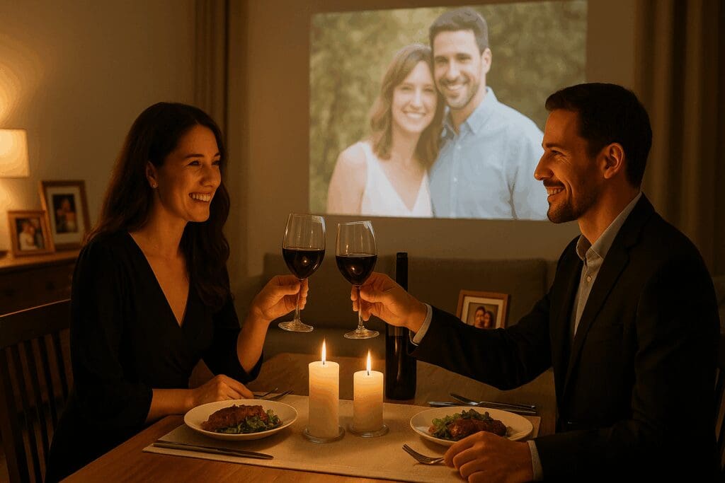 Candlelit anniversary dinner for two with wine, framed photos, and a slideshow—romantic inspiration for at home date ideas.
