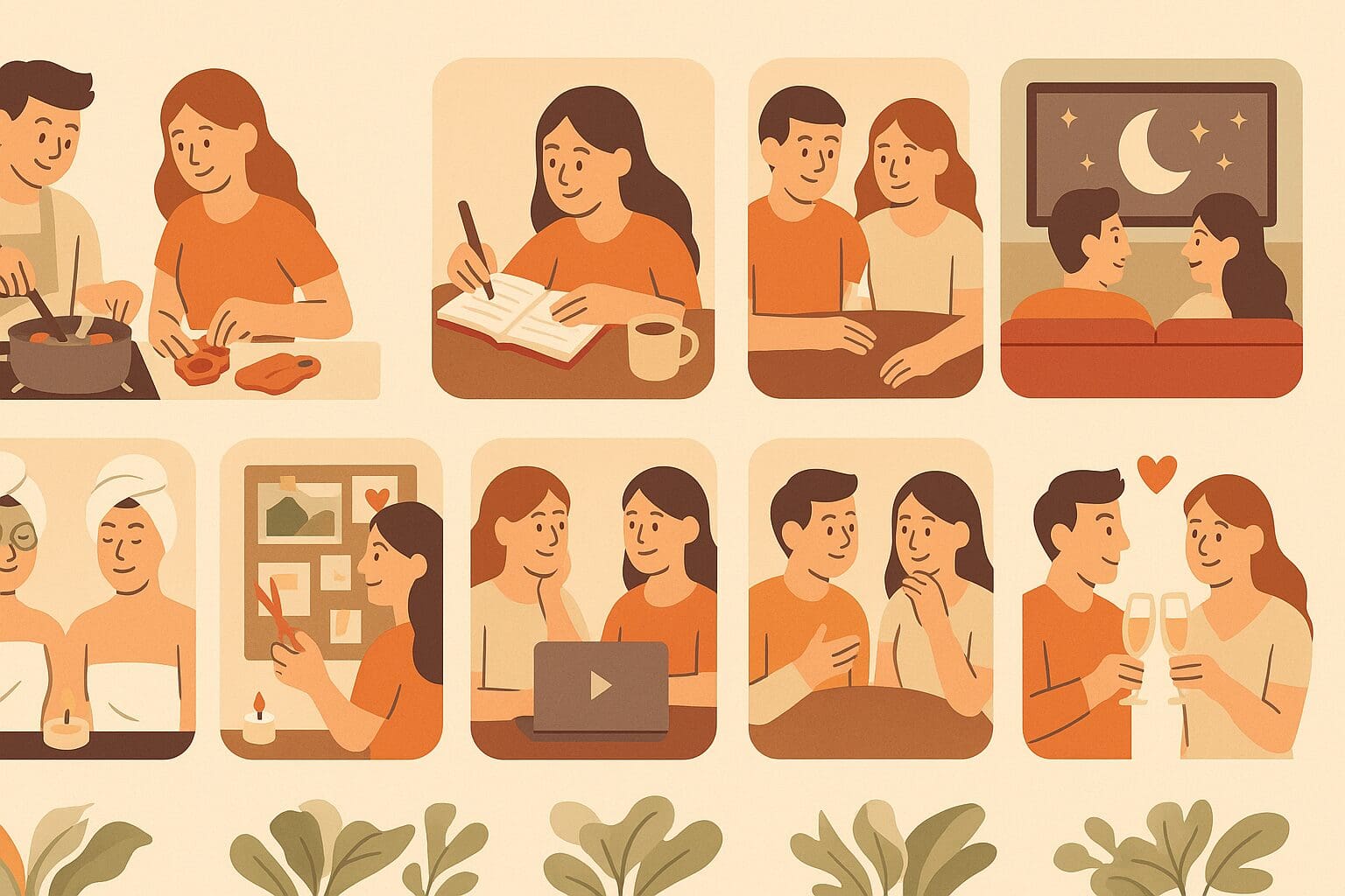 Infographic showing 10 creative at home date ideas including cooking, journaling, spa night, movie theme, and vision board making