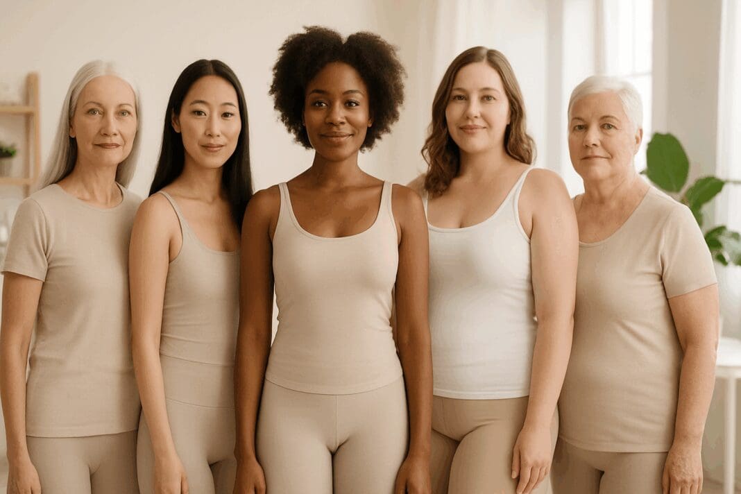 Diverse group of women of all ages standing confidently in a serene wellness space, symbolizing unity and empowerment for a female hygiene checklist.