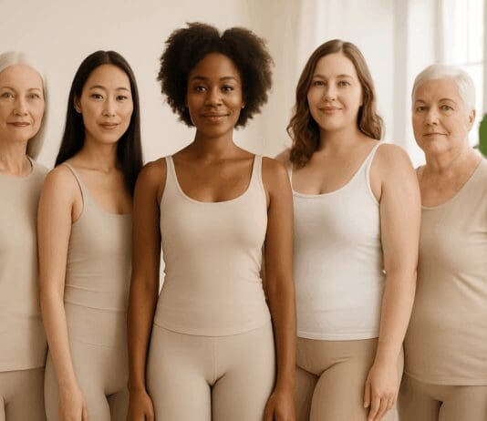 Diverse group of women of all ages standing confidently in a serene wellness space, symbolizing unity and empowerment for a female hygiene checklist.