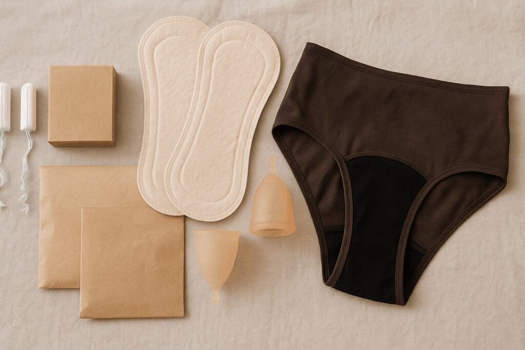 Female hygiene checklist items including tampons, pads, menstrual cup, and period underwear on a soft neutral surface