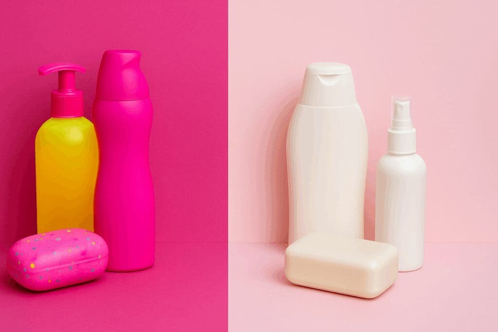 Side-by-side display of harsh vs. gentle feminine care products, illustrating a female hygiene checklist for safe intimate health