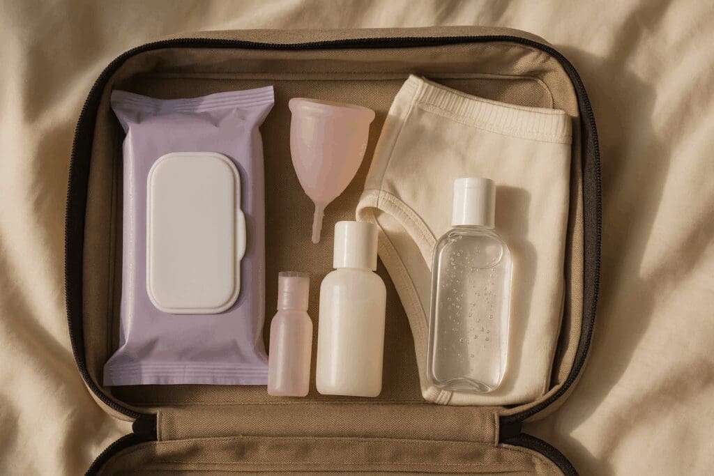 Flat lay of a travel-sized female hygiene checklist with pH-balanced wipes, menstrual cup, cotton underwear, intimate wash, and hand sanitizer.