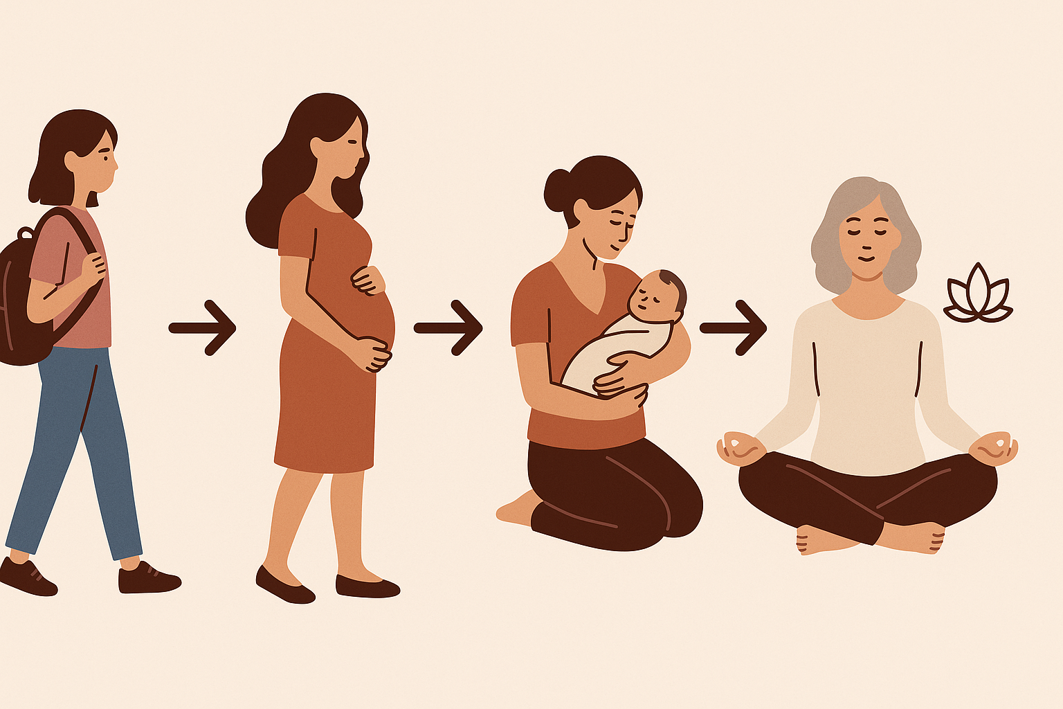 Visual timeline of a female hygiene checklist showing life stages from teen girl with backpack to elderly woman meditating
