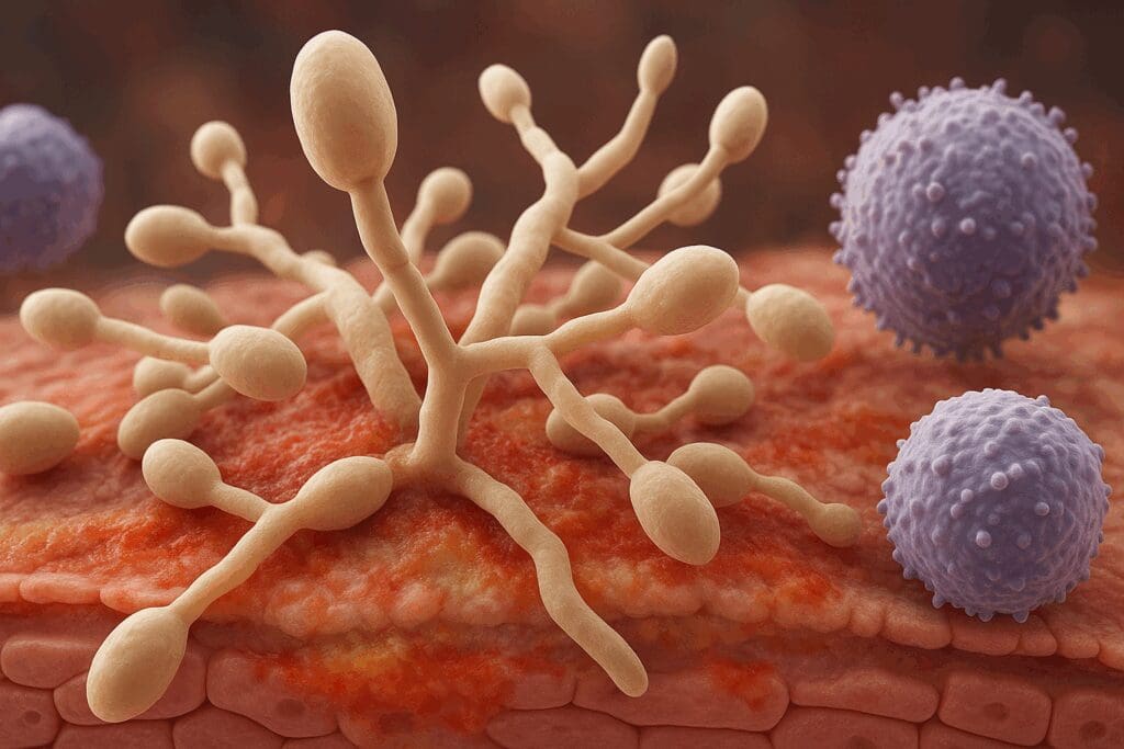 Candida albicans yeast cells interacting with vaginal tissue and immune cells, visualizing infection targeted by anti fungal vaginal cream.