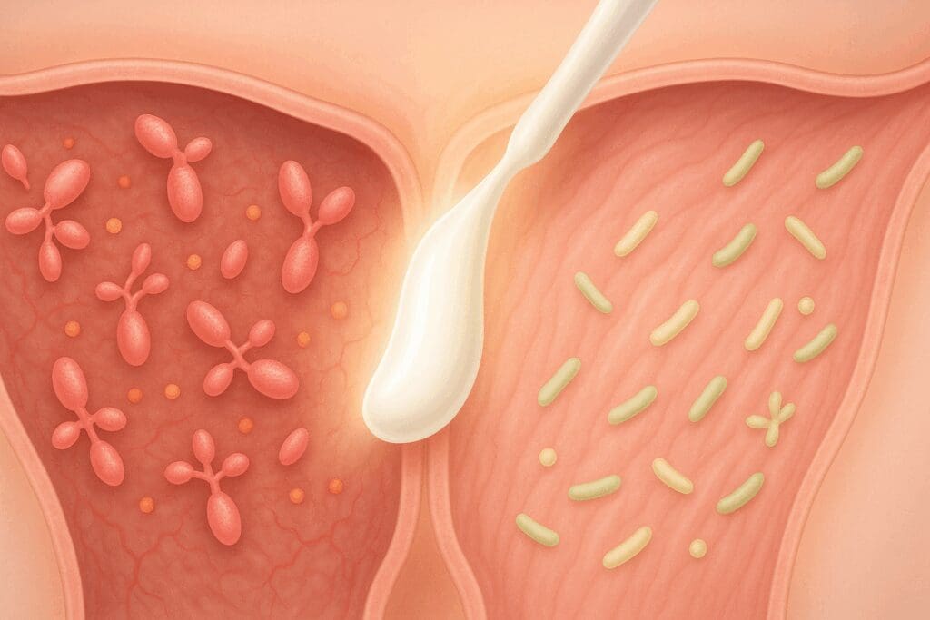 Split-screen medical illustration showing before-and-after effects of anti fungal vaginal cream on inflamed and healthy vaginal tissue.