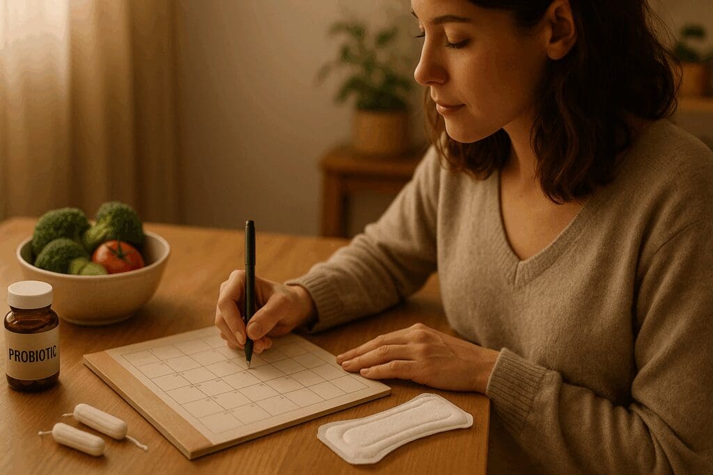 Woman journaling beside a probiotic bottle, fresh vegetables, feminine hygiene products, and anti fungal vaginal cream in a calm self-care setting.