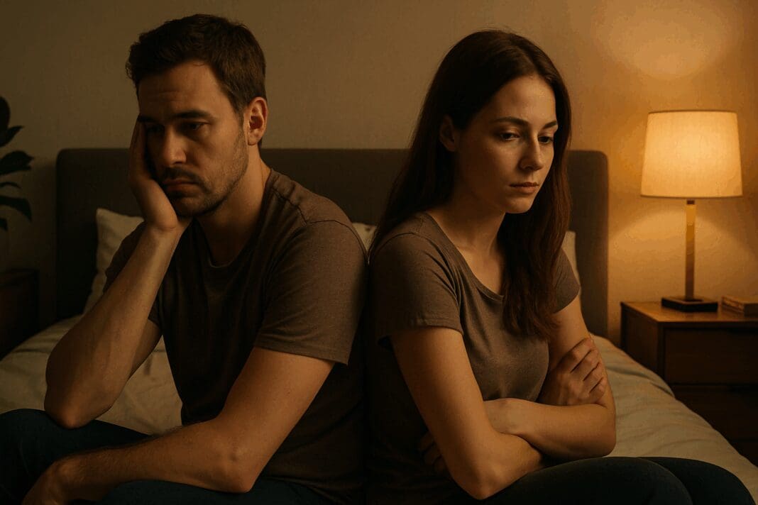 Man and woman sitting back-to-back on bed in emotional silence, illustrating relationship strain and the question: can a woman cause erectile dysfunction