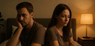 Surprising Psychological Triggers: Can a Woman Cause Erectile Dysfunction in a Healthy Relationship? Man and woman sitting back-to-back on bed in emotional silence, illustrating relationship strain and the question: can a woman cause erectile dysfunction