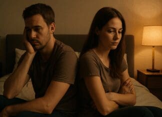Surprising Psychological Triggers: Can a Woman Cause Erectile Dysfunction in a Healthy Relationship? Man and woman sitting back-to-back on bed in emotional silence, illustrating relationship strain and the question: can a woman cause erectile dysfunction
