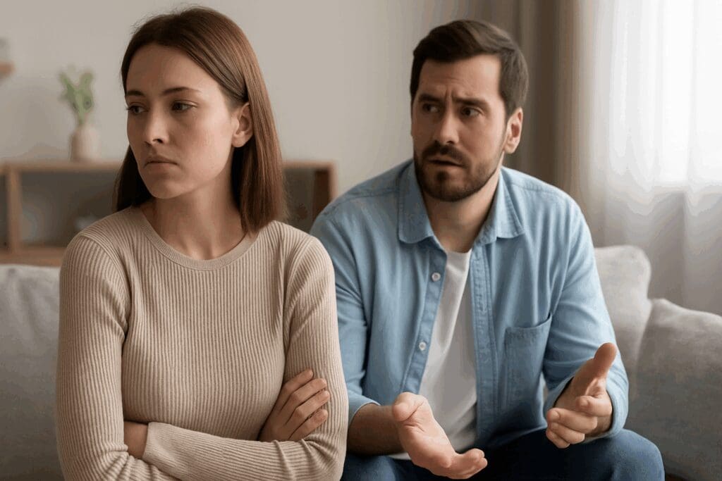 Man looking hurt while woman turns away during tense moment, illustrating how emotional disconnect can affect intimacy and raise questions like can a woman cause erectile dysfunction.